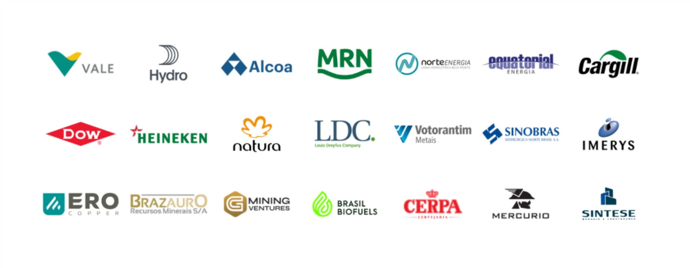 Vale, Hydro, Alcoa, MRN, Norte Energia, Equatorial, Cargill, Dow, Heineken, Natura, LDC, Votorantim Metais, Sinobras, Imerys, Ero Copper, Brazauro, Mining Ventures, Brasil Biofuels, Cerpa, Mercurio, Sintese